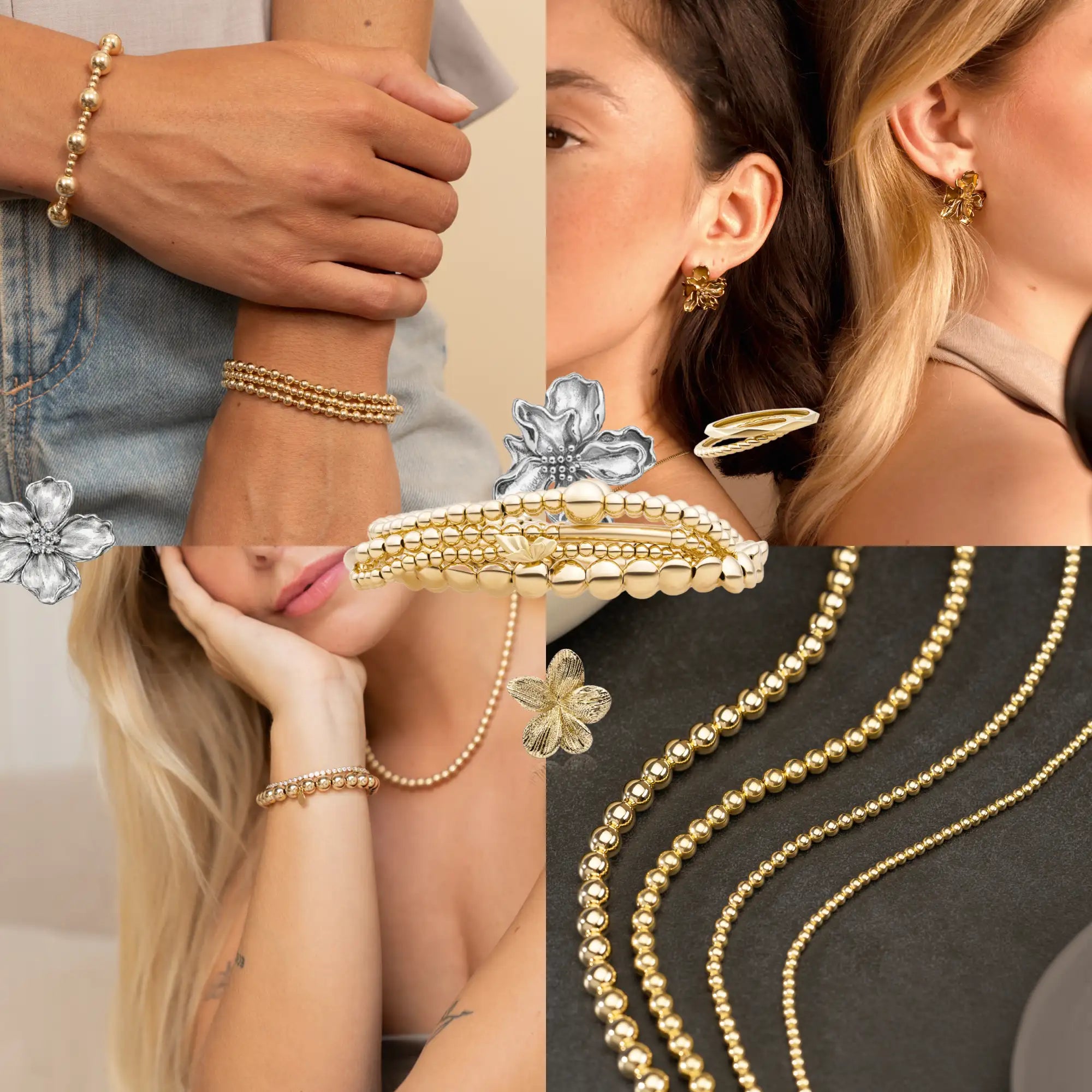 Gouden armband met kralen en een verfijnd, gelaagd ontwerp met kleine bolvormige kraaltjes en subtiele metalen accenten.