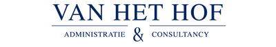 Van het hof logo in donkerblauw serif lettertype met een dunne horizontale lijn onder de tekst.
