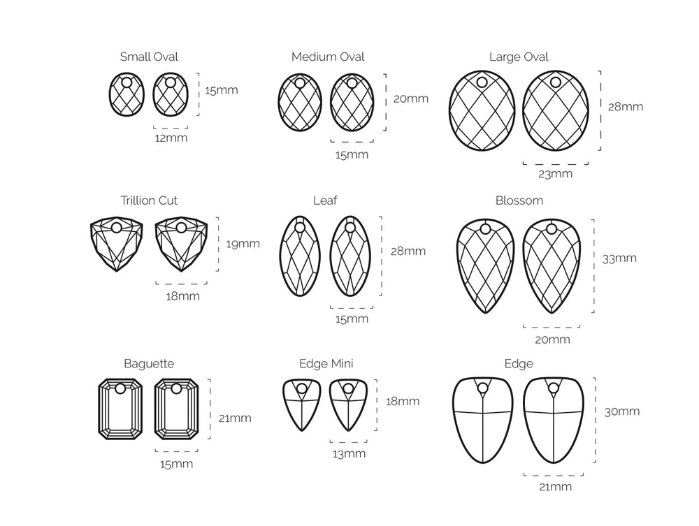 Technisch diagram van verschillende edelsteen slijpstijlen met afmetingen.